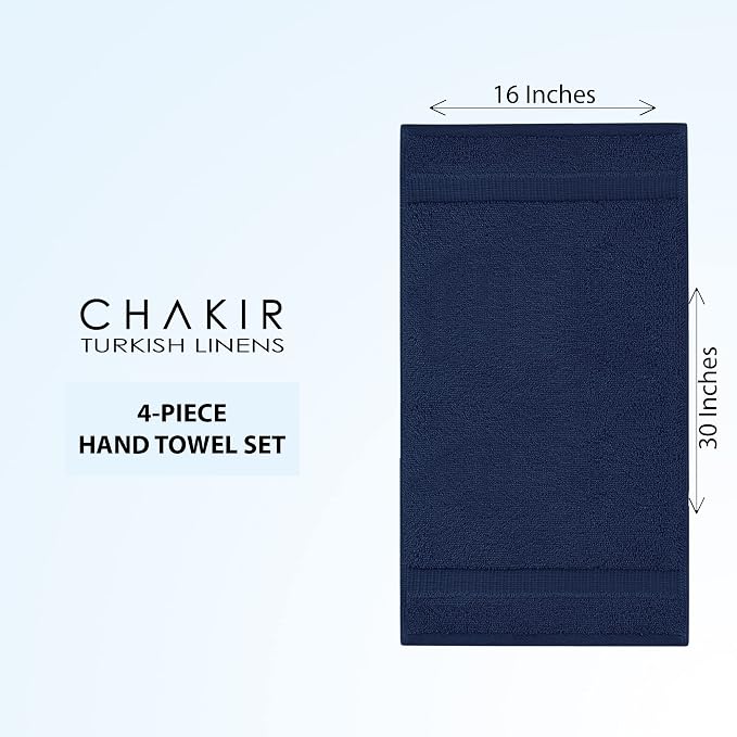 Chakir Turkish Linens 4 Piece Hand Towels, 100% Cotton Turkish Towels for Bathroom, Luxury Soft Absorbent Hand Towel Set, 16 x 30 Inches, Navy