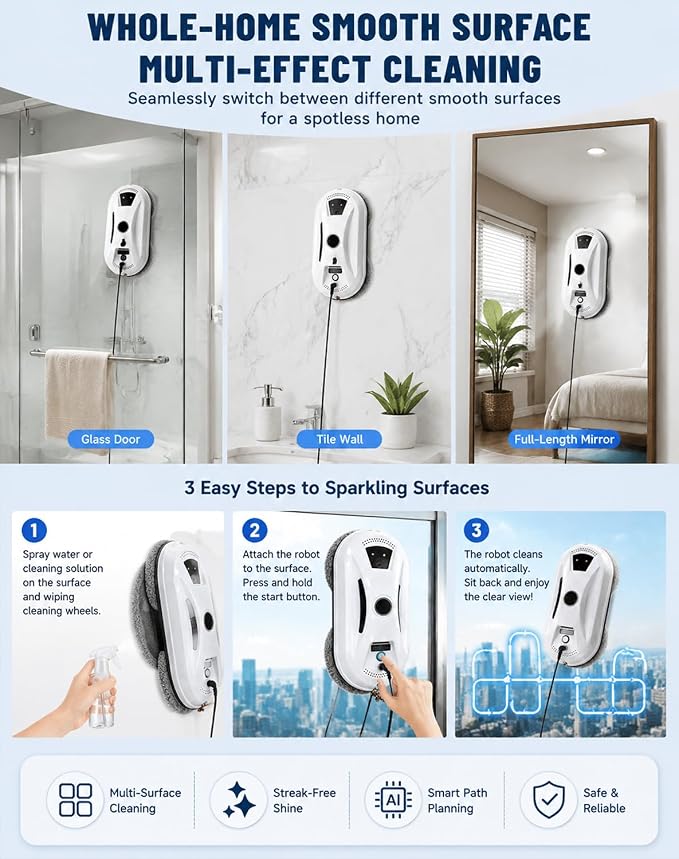 Automatic Window Cleaning Robot, Robot Window Cleaner with AI Intelligent Positioning & Edge Detection & Powerful Suction, Anti-Drop Safety for High-Rise Glass & Large Bay Windows
