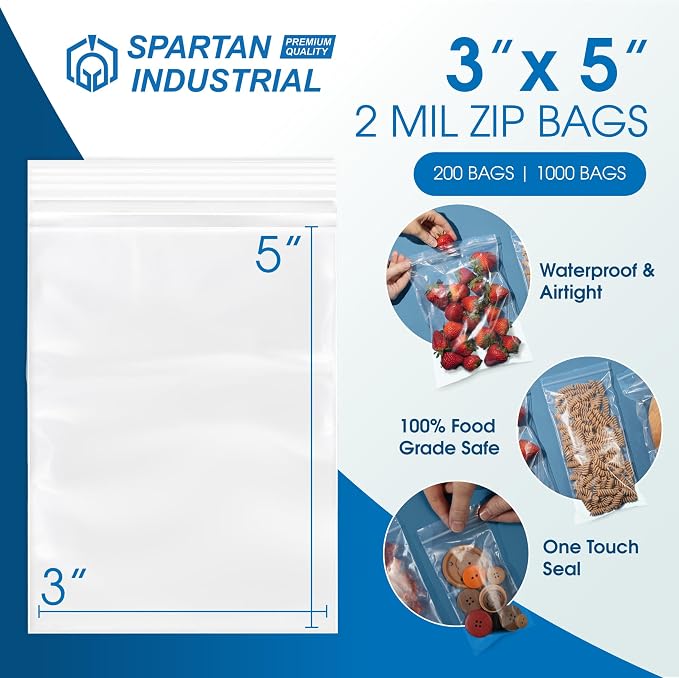 Spartan Industrial - 3” X 5” (1000 Count) 2 Mil Clear Reclosable Zip Plastic Poly Bags with Resealable Lock Seal Zipper