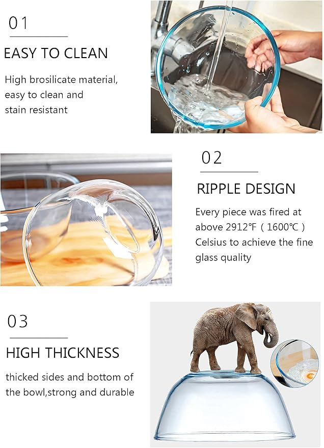 Homwin Glass Mixing Bowl Set for Baking 3-Piece Salad Bowl Set (1qt, 2.5qt, 4.2qt), High Brosilicate Large Bowls for Kitchen Prepping Serving and Storage, Microwave Dishwasher Oven Safe