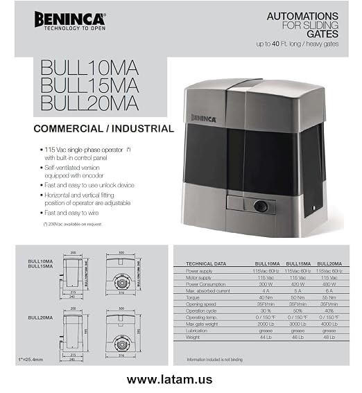 BENINCA Slide GATE Electric Motor Opener/Operator 115 VAC Single-Phase Operator with Built-in Control Panel 60FT / 4,000 LBS (BULL20MA KIT)