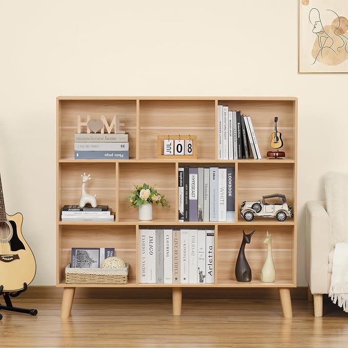 LEYAOYAO 10 Cube Bookshelf, Mid-Century Modern Book Shelf with Legs,Natural | 3 Tier Bookcase, Rustic Wood Bookshelves Freestanding Large Storage Organizer, Open Shelves for Bedroom, Living Room, Office