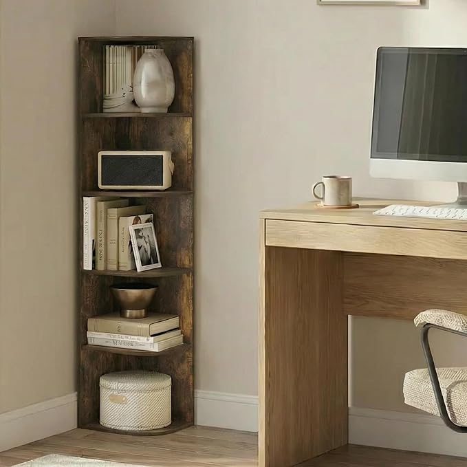 Furinno PASIR Book Shelf, 5-Tier Corner Bookshelf with Open Shelf, Standing Bookcase, 9.3 x 12 x 51.7, for Organization and Storage, for Living Room, Bedroom, Home Office, Amber Pine
