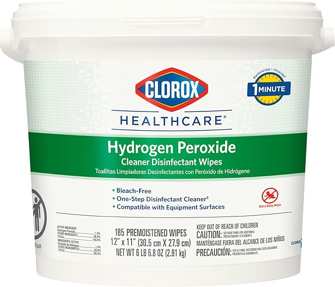 Clorox Healthcare Cleaner Disinfectant Hydrogen Peroxide Wipes, Go-To Bleach Free Disinfecting Wipes, Designed for Hospitals and Clinics, 12" x 11", 185 ct.