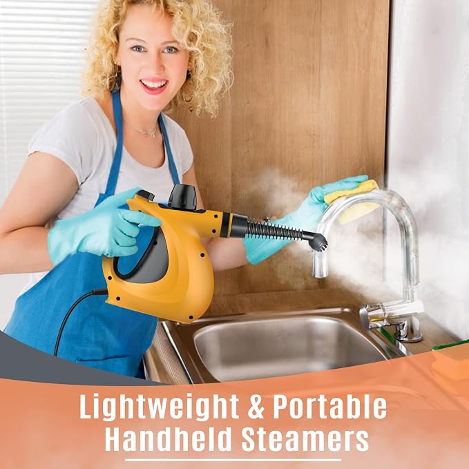 Phueut Pressurized Handheld Multi-Surface Natural Steam Cleaner with 12 pcs Accessories, Multi-Purpose Steamer for Home Use, Steamer for Cleaning Floor, Upholstery, Grout and Car (Orange)