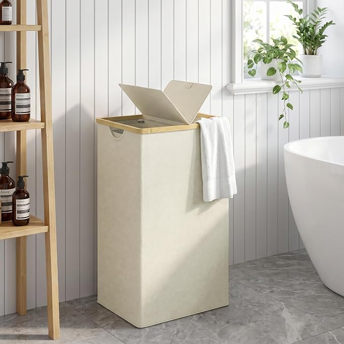 efluky Laundry Hamper with Lid, Double Laundry Basket with 2 Removable Bags, 2 Section Laundry Bin with Bamboo Handles for Bathroom, Bedroom & Laundry Room, 115L (30.4 Gallon) Beige