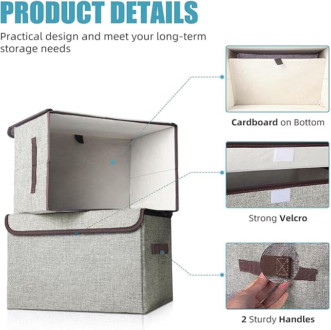 Bagnizer Linen Fabric Foldable Storage Cube Bin Organizer Basket with Flip-Top Lid & Handles, Large Clothes Blanket Box for Home, Office, Closet, Light Gray, 4 Pack 14.6 x 9.5 x 9.5”