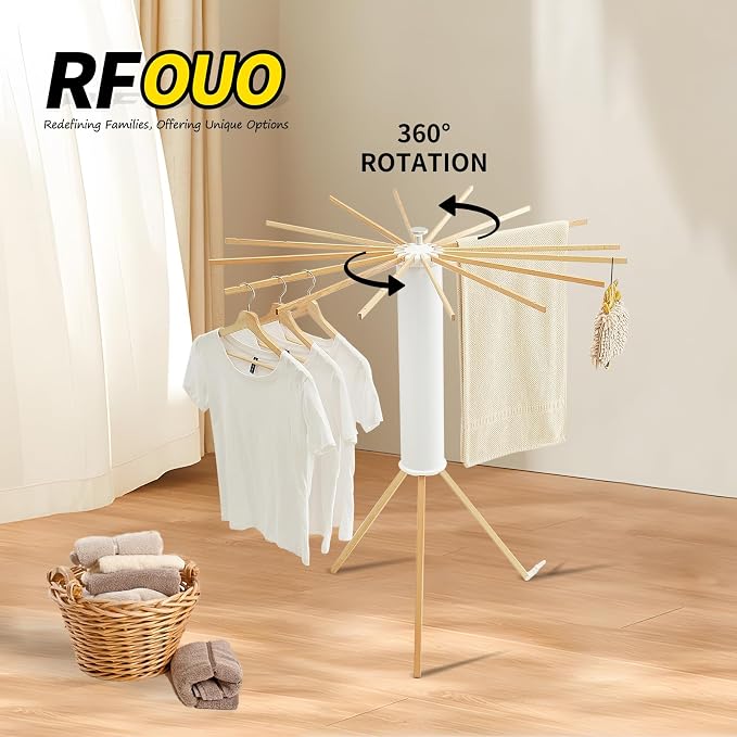 RFOUO Clothes Drying Rack Tripod,Foldable Portable Laundry Drying Rack with Wooden 16 Rods, Space-Saving Freestanding Clothes Rack for Indoor Outdoor, Apartment, Bedroom, Laundry Room