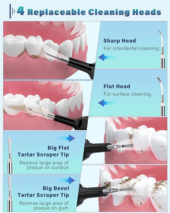 Plaque Remover for Teeth, Dental Cleaning Kit Tartar Remover for Teeth with LED Light & 5 Modes, Rechargeable Dental Cleaner, 4 Replaceable Heads