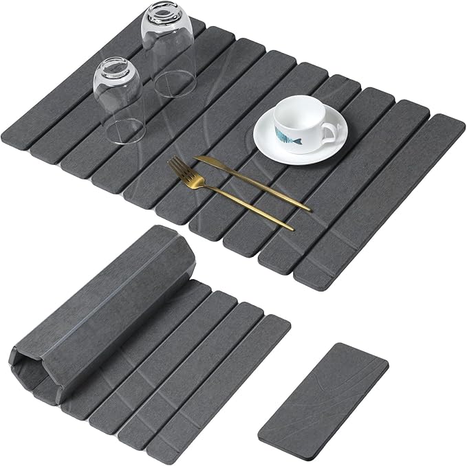 Large Stone Dish Drying Mat for Kitchen Counter,2 PCS Quick Dry Stone Mats,Foldable Water Absorbing Diatomaceous Drying Pad for Countertop Bottles Utensils Cups (Flow Line Dark Gray 24"x16" & 8"x4")
