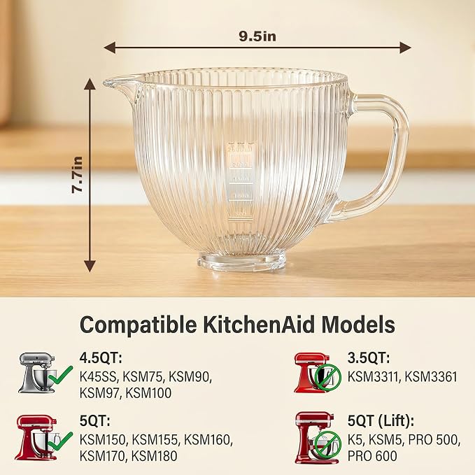 Glass Mixer Bowl for KitchenAid Tilt-Head Stand Mixers | 5Qt Replacement Mixing Bowl with Handle, Measurement Markings & Pour Spout, Glass Bowl for Kitchen Aid 4.5-5 Quart Models
