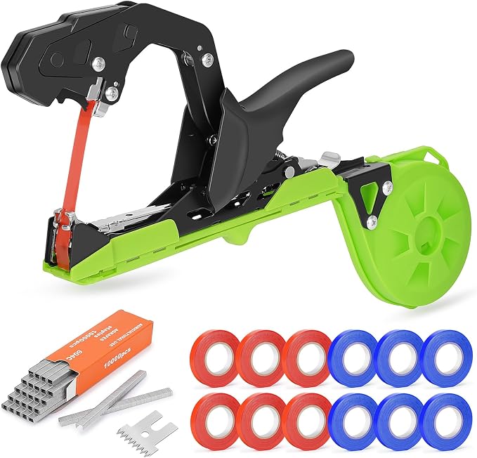 Upgraded Plant Tying Machine Gun, Lightweight Garden Tapener Tool with SK5 Blade for Tomatoes Grapes Cucumbers Vegetables, Includes 12 Rolls Tapes and 1 Box 10000pcs Staples（Green