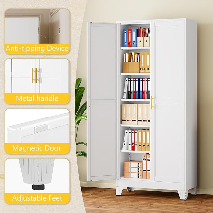 PAOFIN 75" Metal Storage Cabinet with 2 Doors and 5 Adjustable Shelves,White Metal Garage Storage Cabinets, File Cabinet,Steel Tool Cabinets for Home,Office,Garage,School,Warehouse