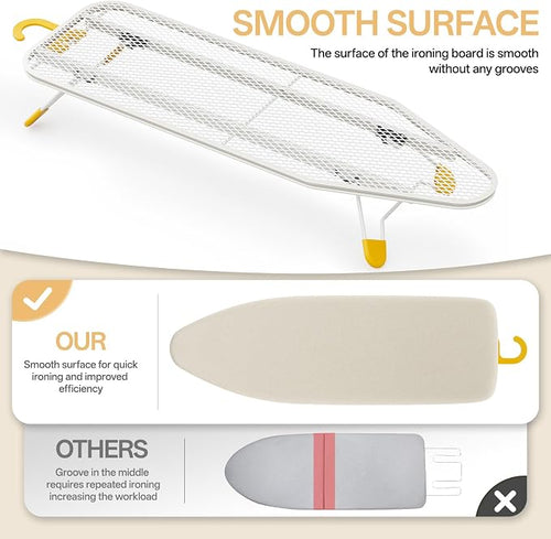 12"×38" Small Ironing Board Tabletop, Table Top Iron Board Small with Mesh Metal Base, Mini Tabletop Ironing Boards Space Saving, Compact Table Top Iron Boards Small with Non-Slip Feet, Milk White