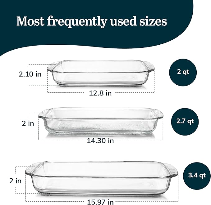 Libbey Baker's Basics 3-Piece Rectangular Glass Casserole Baking Dish Set, Clear, 2 Qt, 2.7 Qt, 3.4 Qt, Transparent, Stackable, Dishwasher Safe
