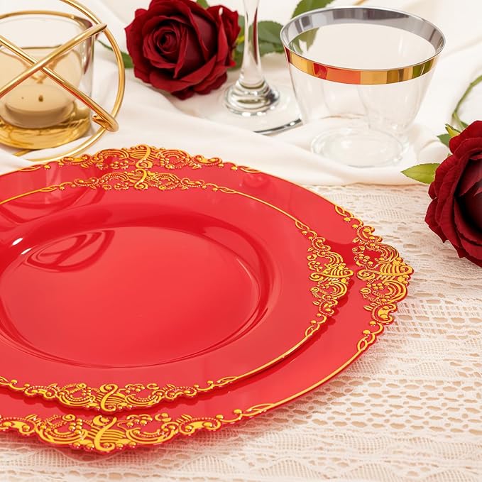 Nervure 350PCS Red Plastic Plates - Red Gold Plastic Dinnerware Sets for 50 Guests - 100 Gold Disposable Plates, 50 Pre Rolled Silverware Sets, 50 Cups Perfect for Wedding & Party