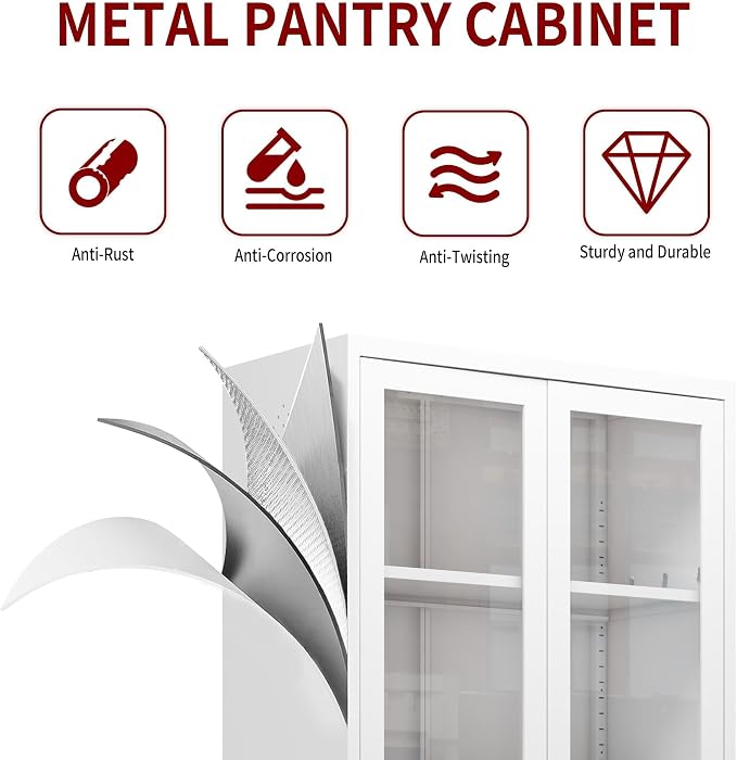 AQY Kitchen Pantry Cabinet,73" Tall Pantry Storage Cabinet with Doors and Adjustable Shelves, Metal Food Pantry Cabinets with Handle, Freestanding Cupboard for Living Room-Assemble Required