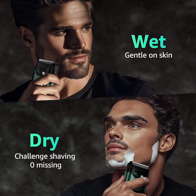 Mbzoey Electric Foil Shavers for Men: IPX7 Waterproof - Emerald Green | Mini Razor for Travel- Face Shaver with LED Display & USB-C Fast Charge - Micro-Comb Technology & Precision Blades