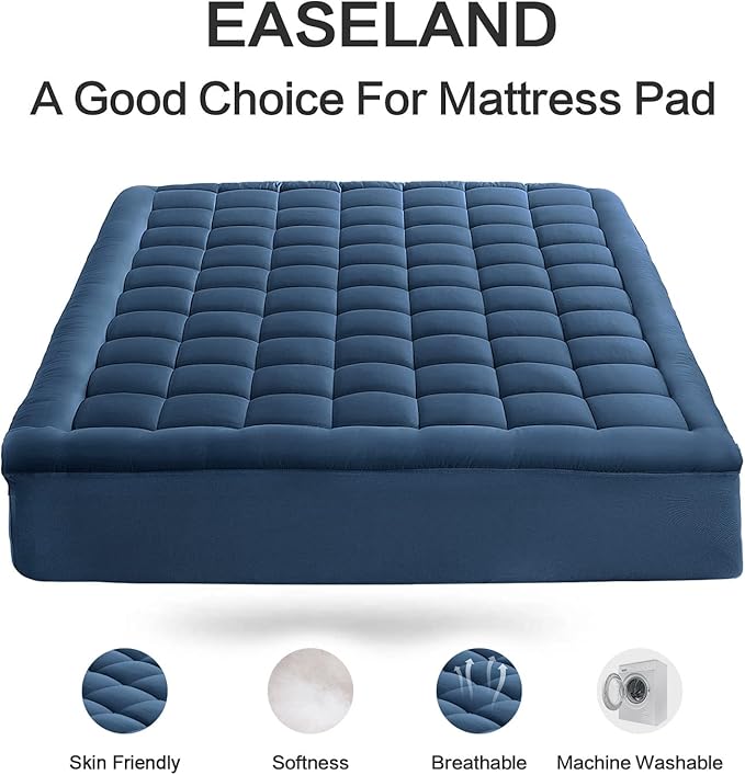 EASELAND Queen Size Mattress Pad Pillow Top Mattress Cover Quilted Fitted Mattress Protector 8-21" Deep Pocket Cooling Mattress Topper (60x80 Inches, Dark Blue)