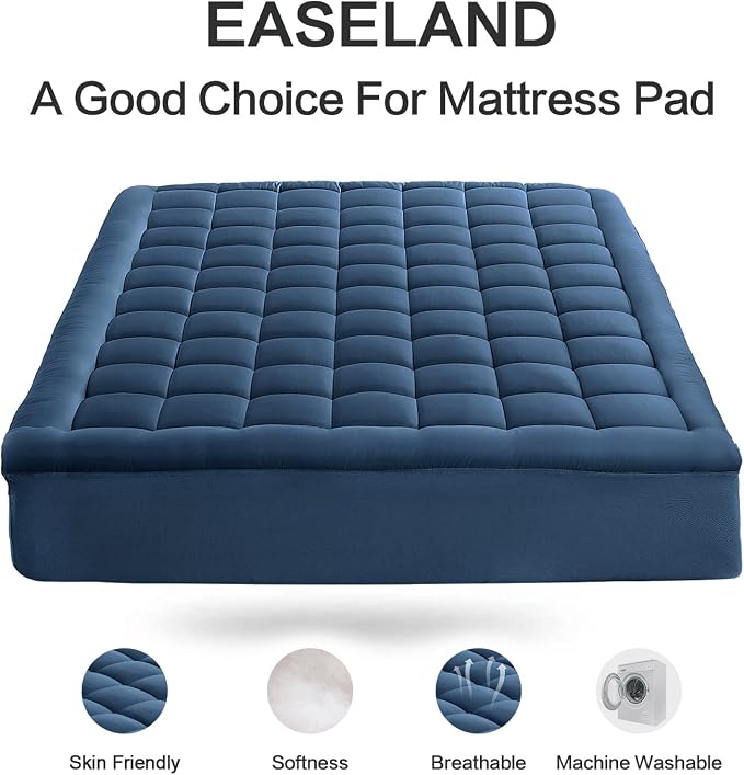 EASELAND Full Size Mattress Pad Pillow Top Mattress Cover Quilted Fitted Mattress Protector 8-21" Deep Pocket Cooling Mattress Topper (54x75 Inches, Dark Blue)