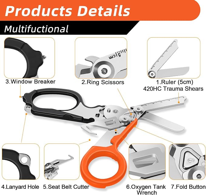Lenporl 2 Pack Foldable Trauma Shears with Compatible Holster, Emergency Shears with Strap Cutter and Glass Breaker for Outdoor Camping Medical Scissors Tools Black+Orange