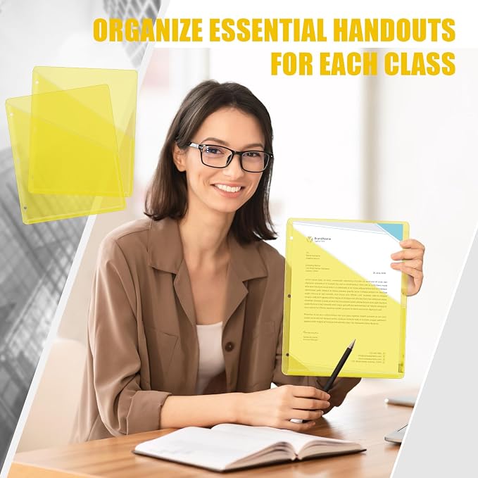 Seajan 48 Pcs Pocket Folders for 3 Ring Binder Clear Plastic Folders Sleeves with 2 Pockets 3 Hole Punch Binder Dividers Poly Slash File Jackets for Office School Document Organizer (Yellow)