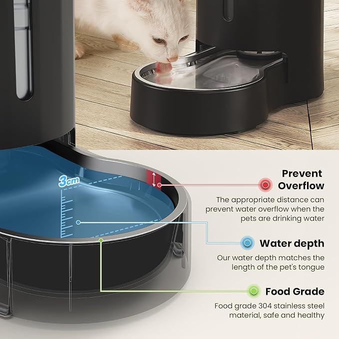 CZPET Elevated Dog Water Bowl Dispenser 8L (8L+Stand+Mat, Black) | With Stainless Steel Bowl Gravity Waterer, Large Capacity and Drinking Area Noise-Free for Pets