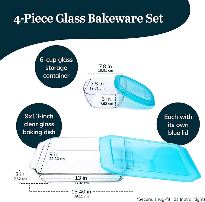 Libbey Baker’s Premium 4 Piece Glass Baking Dish Set, Multipurpose, Space Saving Casserole Dish with Lid Set, Baking Glassware for Potlucks, Leftovers