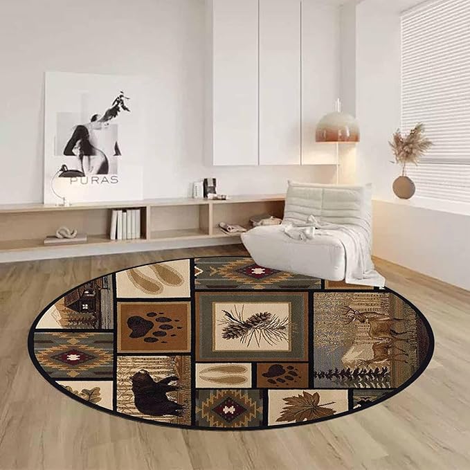 Vintage Bohemian Diamond Distressed Area Rug for Conference Room Non-Slip Rustic Lodge Cabin Bear Round Rugs Balcony Decor Brown Moose Rug 6ft