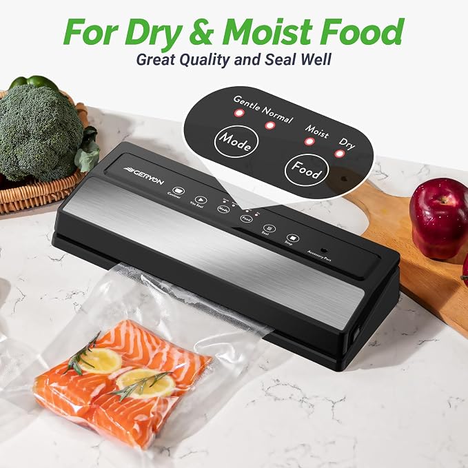 GERYON Vacuum Sealer, Vacuum Sealer Machine for Food Storage with Sealer Bags & Roll, Automatic Food Sealer for Sous Vide, Compact Design, LED Lights, Easy to Clean, Dry & Moist Modes (Grey)