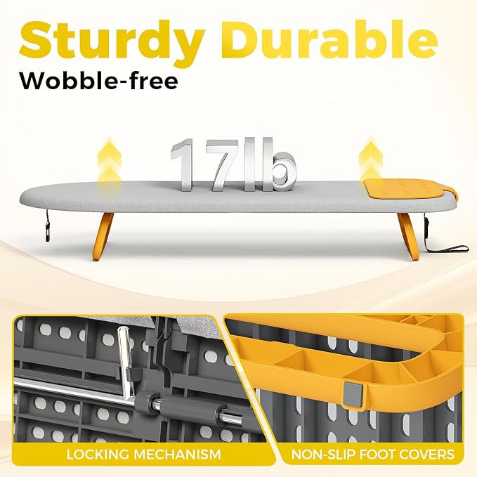 KINGBOARD Tabletop Ironing Board, Small Ironing Board with Iron Mat, Foldable Mini Iron Board, Easy Storage for Travel & Dorm, 12x32 Grey & Orange