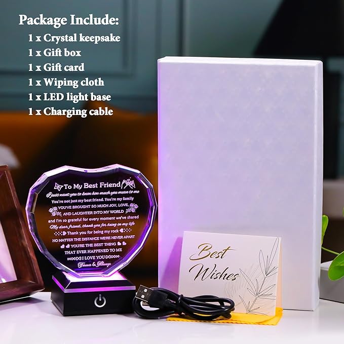 Arikyrist Best Friend Birthday Gifts with LED Base Crystal Heart Friendship BFF Gifts for Women Best Friend Bestie Gift Ideas for Women Gift for Female Friends on Christmas Wedding Valentine's Day