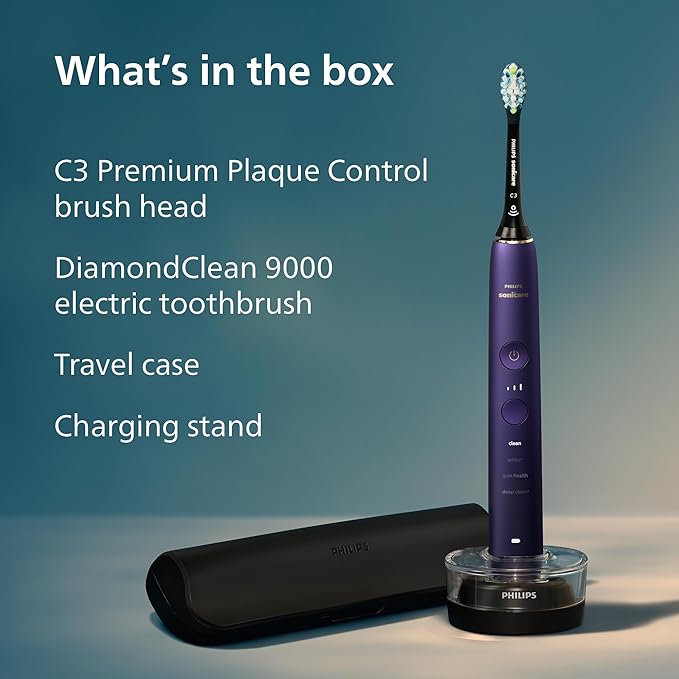 Philips Sonicare DiamondClean 9000 Electric Toothbrush - Sonic Toothbrush with App, Pressure Sensor, 12 Brushing Settings, Replacement Reminder, Charging Stand, Travel Case, Amethyst, HX9911/91
