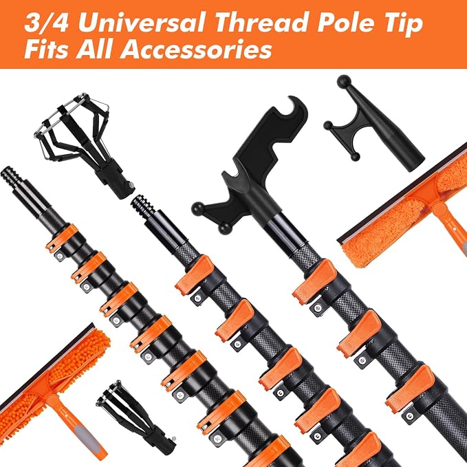 18FT Reach Carbon Fiber Window Squeegee with Extension Pole | 50% lighter than aluminum poles, lightweight sturdy and anti-corrosion. 3/4 threaded tip fits plenty of tool accessories