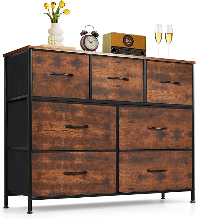 7-Drawer Dresser for Bedroom, Anti-Tip Wide Storage Organizer Fabric Chest of Drawers TV Stand for 45" TV with Wooden Top and Metal Frame for Closet, Living Room, Hallway, Entryway, Brown