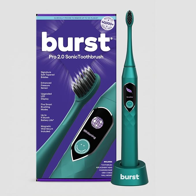 Burst Pro 2.0 Sonic Toothbrush for Adults (Marine Teal) | Soft Bristles | Electric Toothbrush with Smart Pressure Sensor | 5 Modes/Refined Scoring System | USB-C Charging | Magnetic Wall Mount