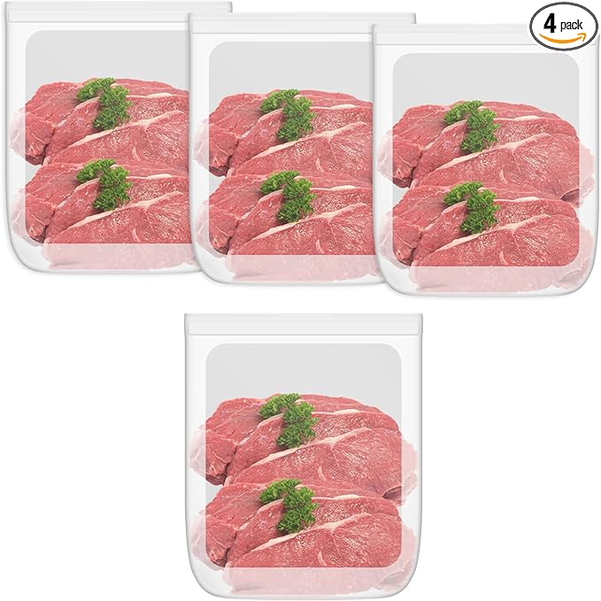 100% Silicone Flat Gallon Freezer Bags, 4 Pack Extra Large Reusable Silicone Ziplock Bags Gallon Size for Freezer, Double Zipper Seal, BPA & Microplastic Free, Freezer Microwave Sous Vide Safe, Clear