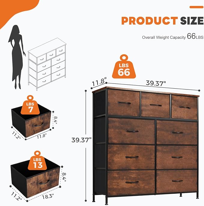Sweetcrispy 9-Drawer Fabric Dresser Storage Tower with Wood Top and Steel Frame, Organizer Chest with Easy Pull Handles for Bedroom, Closet, Hallway,Distressed Brown