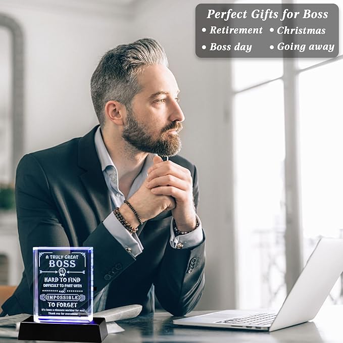 Movdyka Boss Gifts for Men Women Crystal Keepsake Best Boss Ever Appreciation Gifts for Boss Lady Christmas Boss Day Desk Decoration with Led Base