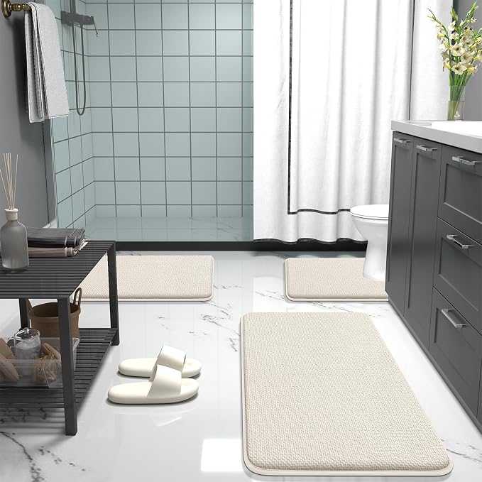 OLANLY Memory Foam Small Bathroom Rugs 24x16, Absorbent Bath Mat, Ivory | Soft Quick Dry Bath Mat Rugs, Non-Slip, Machine Washable Mat for Bathroom Floor, Tub and Shower, Home Decor Accessories
