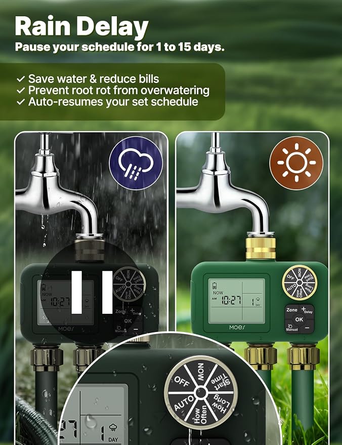 MOES 3 Zone Water Timer for Garden Hose, 3/4 in Brass Inlet and Outlets, Battery Operated Sprinkler Timer, 3 Outlet Faucet Valve, Sequential Watering, Rain Delay, Non-WiFi