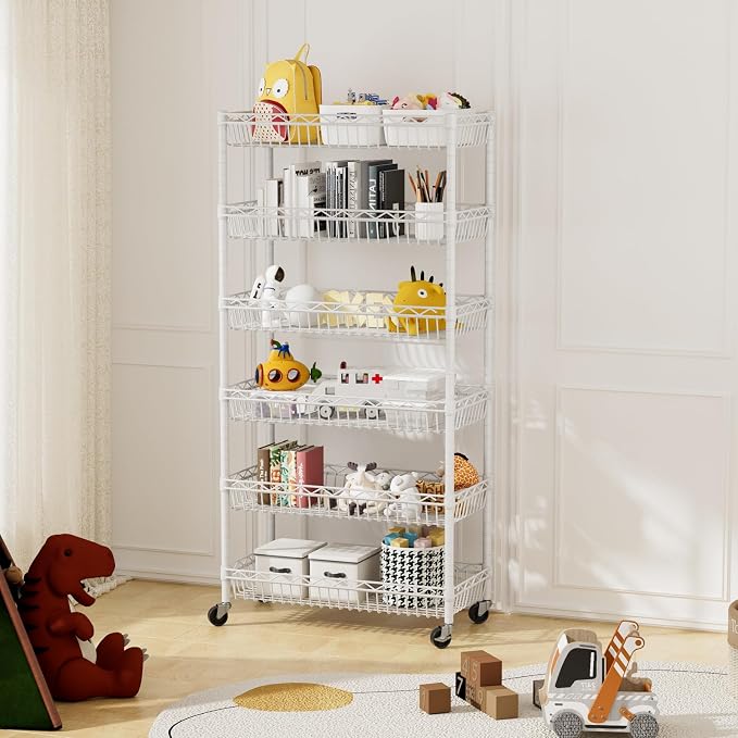 Golpart Basket Shelves Closet Rack with Wheels Metal Pantry Wire Shelf Unit | 6 tier Storage Rolling Shelving Bathroom Organizers Kitchen Garage Laundry Room Organization Home 30"Dx13.6"Wx65"H White