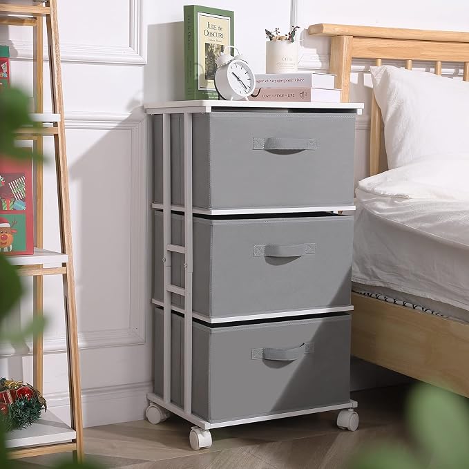 MAX Houser Dresser Tower with 3 Drawers,Fabric Dresser Drawer Organizer Unit,Dresser Chest with Wood Top,Vertical Storage Dresser,Small Dresser for Bedroom,Office-Dark Grey | Fabric Storage Organizer Unit, Chest of Drawers with with WoodTop, Small Vert...