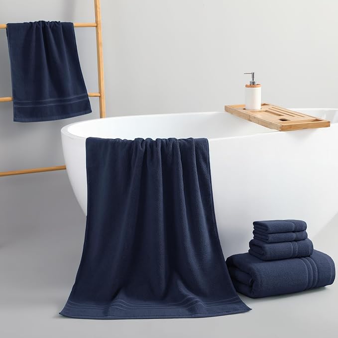 REDKISS Navy Towels Set 6 Piece Cotton Towel Sets with 2 Bath Towels, 2 Hand, 2 Washcloths, 650GSM Hotel Quality, Soft, Highly Absorbent Towels for Bathroom Gym, Ideal Everyday Use