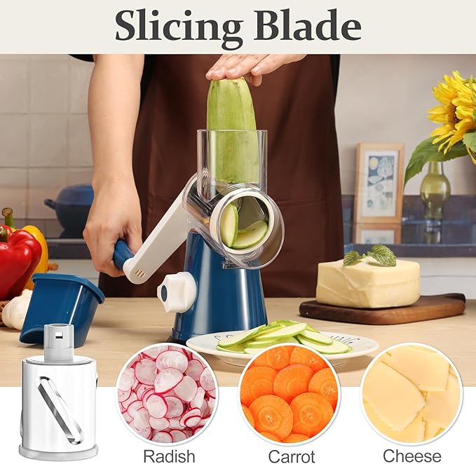 Cambom Rotary Cheese Grater Hand Crank Cheese Shredder for Fresh Cheese, Vegetable, Nuts,Non-slip Suction Base, Five Blades, Dark Blue
