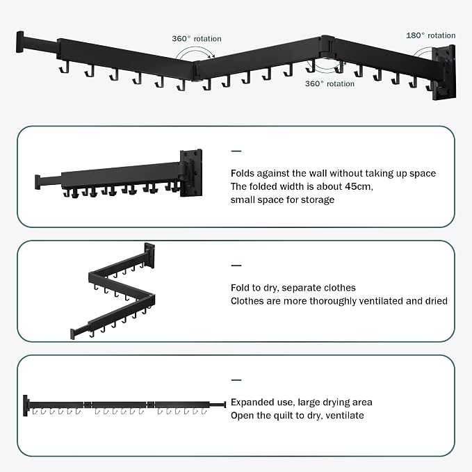 BOQORAD Drying Rack Clothing,Clothes Drying Rack Wall Mounted,Collapsible Hanging Racks for Laundry,Laundry Drying Rack,Wall Mounted Clothes Rack
