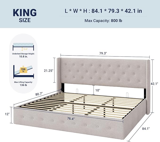 Allewie King Size Lift Up Storage Button-Tufted Bed Frame Light Beige | Modern Wingback Headboard, Hydraulic Support Storage, No Box Spring Needed