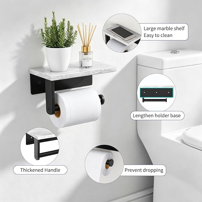 Gypie Marble Toilet Paper Holder with Shelf, 304 Stainless Steel Screw Wall Mounted, Tissue Roll Holder for Bathroom Washroom Matte Black