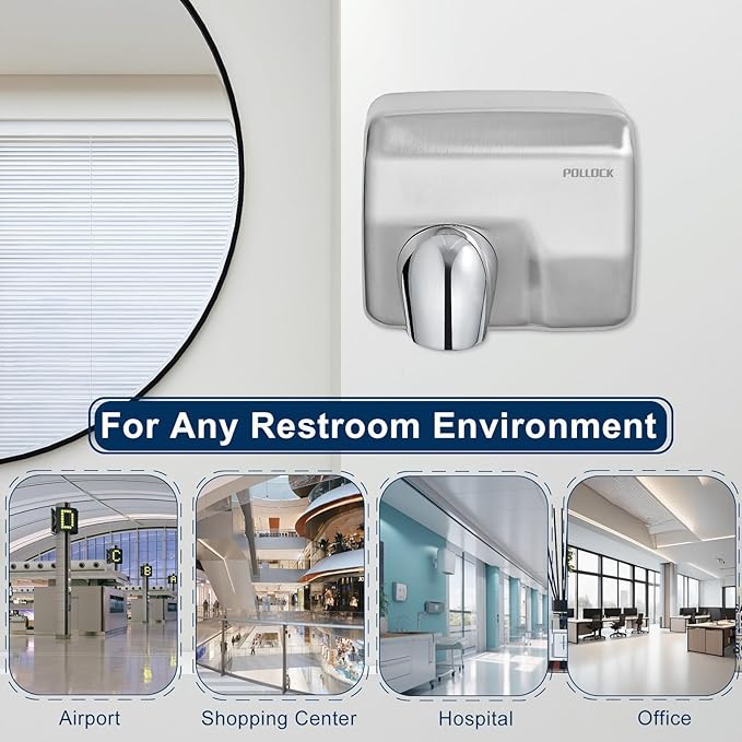 Commercial Hand Dryer Wall Mounted,Stainless Steel Electric Hand Dryer for Bathroom,1600 W Automatic High Speed Warm Wind Hand Blower,110V Plug in,8-10s Second Dry,for Industry Business Restrooms