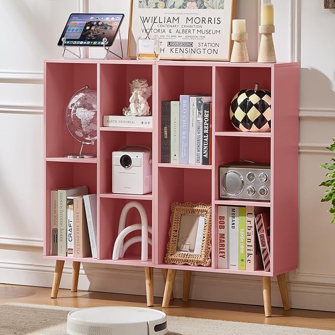 LEYAOYAO 5 Cube Bookshelf,Mid-Century Modern Bookcase with Legs,Light Pink | 3 Tier Book Shelf,Rustic Wood Bookshelves Freestanding Small Storage Organizer, Open Shelves for Bedroom, Living Room, Office